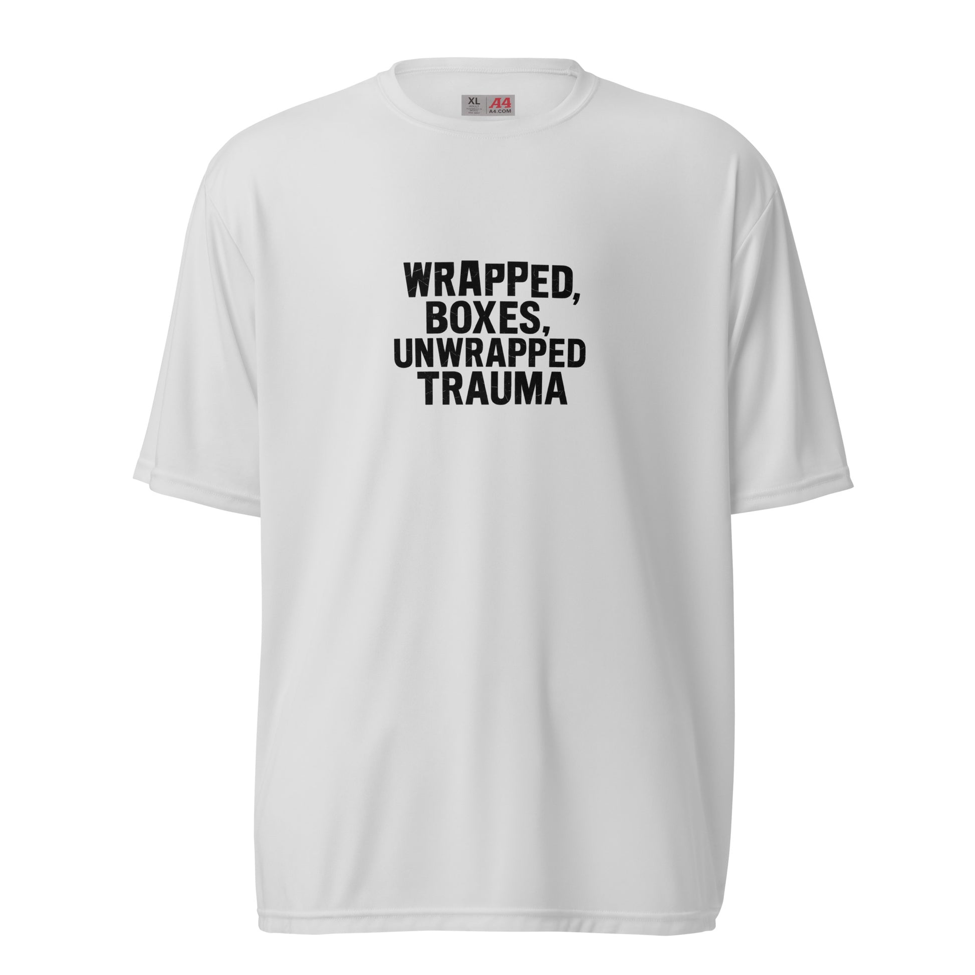 Wrapped Boxes, Unwrapped Trauma - Sarcastic T-Shirt | PureSarcasm in T Shirt Silver - Front View | Sarcastic T-shirt | PureSarcasm