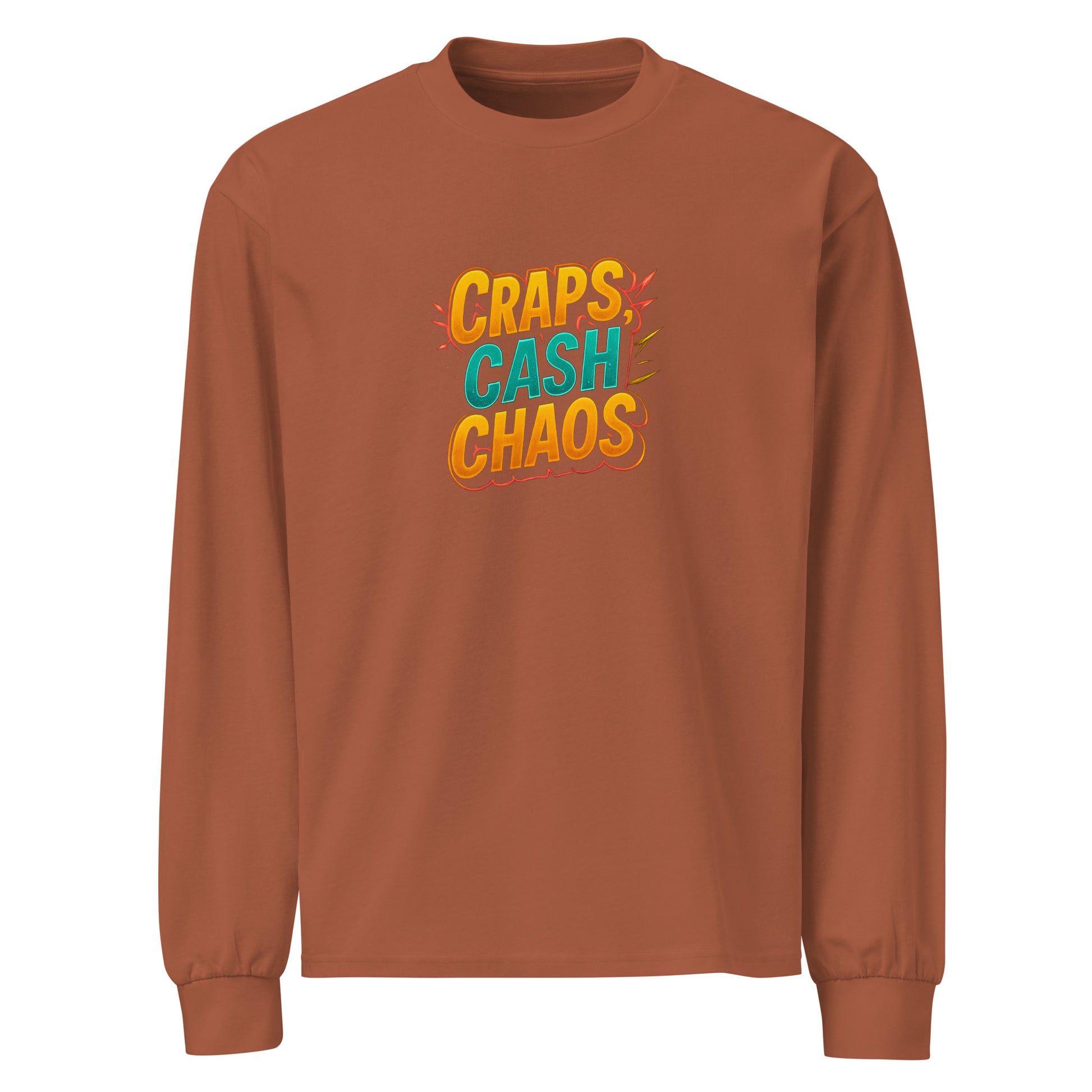 Craps, Cash, Chaos - Sarcastic T-Shirts | PureSarcasm in Sleeve Shirt Clay - Front View | Sarcastic T-Shirts | PureSarcasm