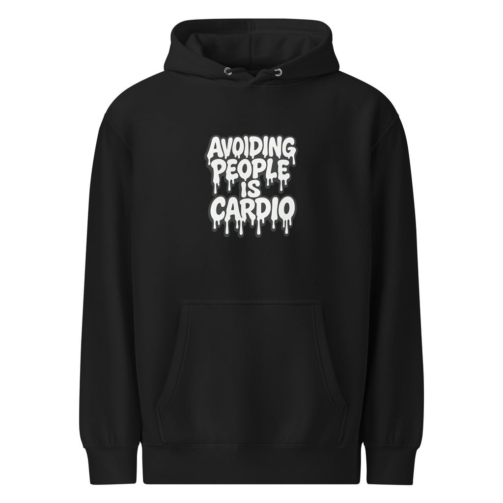 Avoiding People is Cardio - Sarcastic Hoodie | PureSarcasm in Weight Hoodie Black - Front View | Sarcastic Hoodie | PureSarcasm