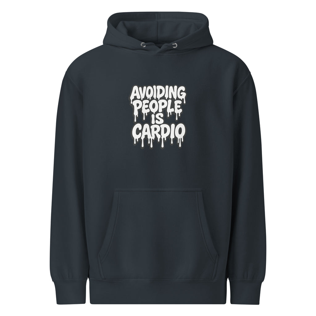 Avoiding People is Cardio - Sarcastic Hoodie | PureSarcasm in Weight Hoodie Navy - Front View | Sarcastic Hoodie | PureSarcasm