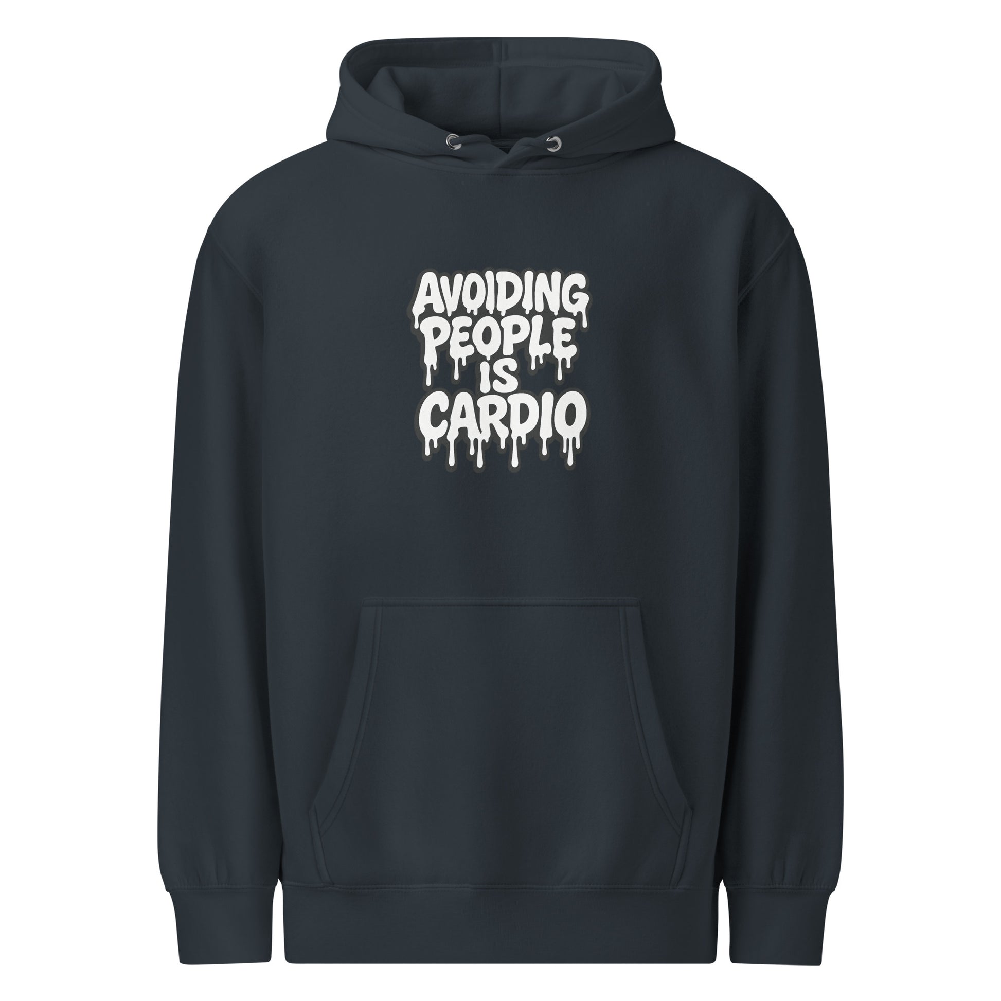 Avoiding People is Cardio - Sarcastic Hoodie | PureSarcasm in Weight Hoodie Navy - Front View | Sarcastic Hoodie | PureSarcasm