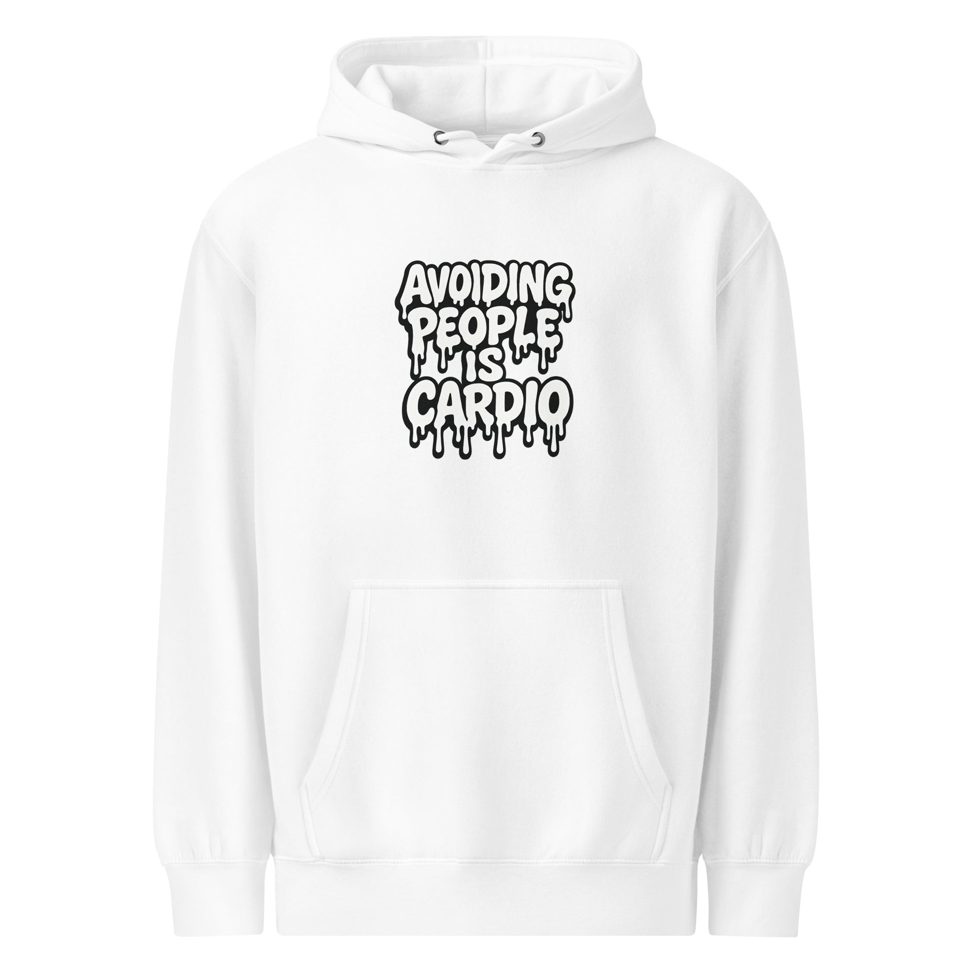 Avoiding People is Cardio - Sarcastic Hoodie | PureSarcasm in Weight Hoodie White - Front View | Sarcastic Hoodie | PureSarcasm