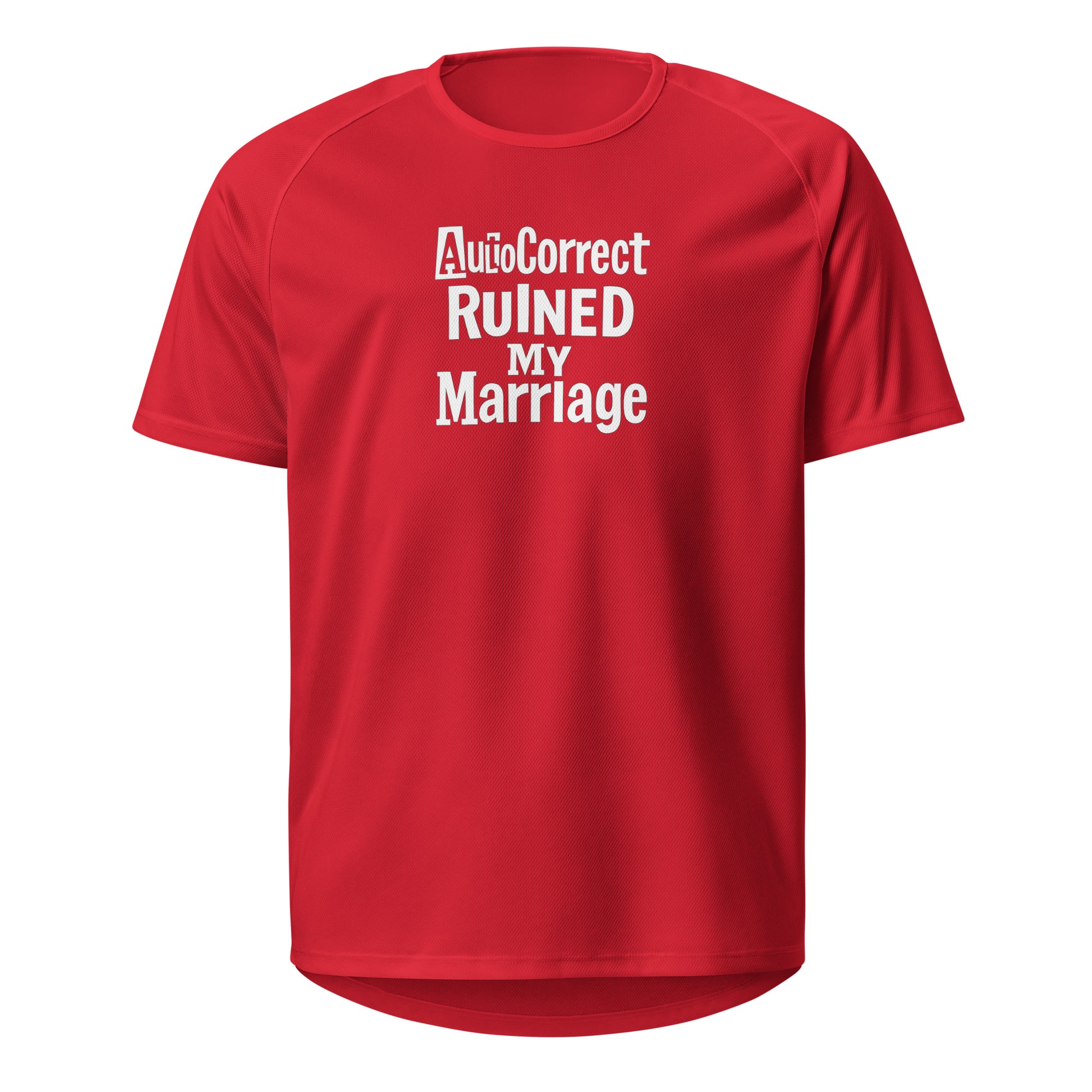 AutoCorrect Ruined My Marriage - Sarcastic T-Shirt in Sports Jersey Red - Front View | Sarcastic T-shirt | PureSarcasm