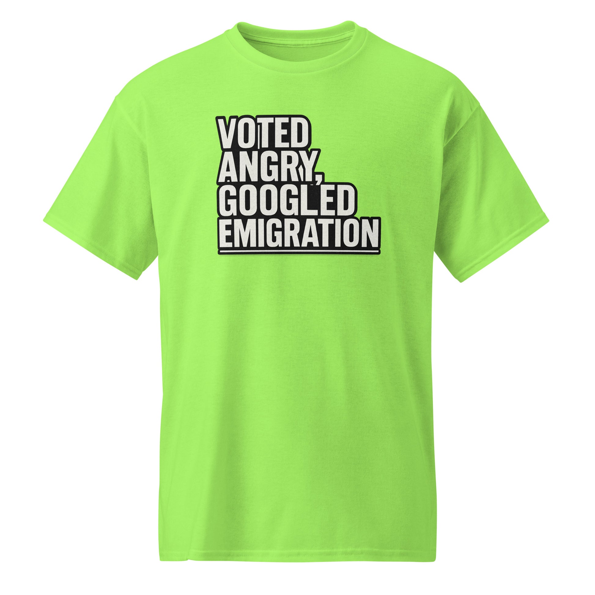 Voted angry, googled emigration - Sarcastic T-Shirt | PureSarcasm in Sports Tee Lime - Front View | Sarcastic T-shirt | PureSarcasm