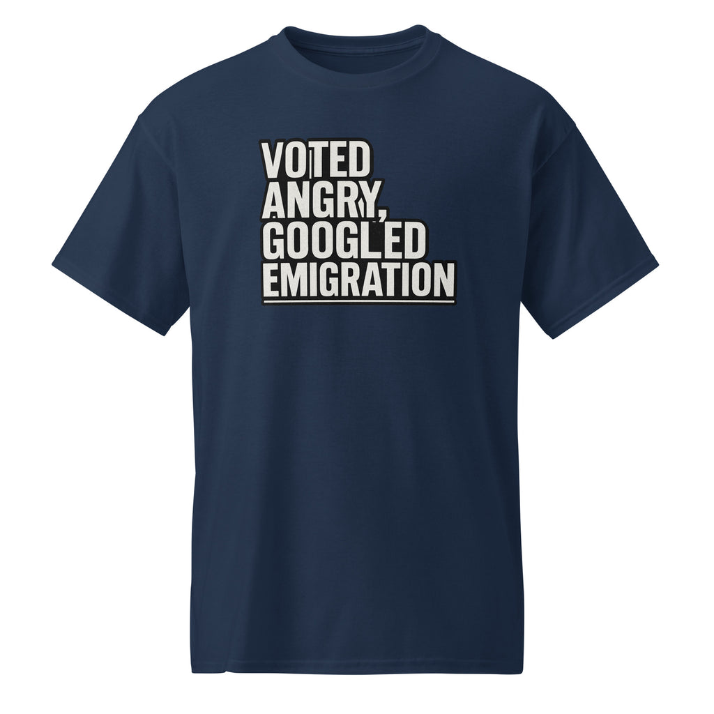 Voted angry, googled emigration - Sarcastic T-Shirt | PureSarcasm in Sports Tee Navy - Front View | Sarcastic T-shirt | PureSarcasm
