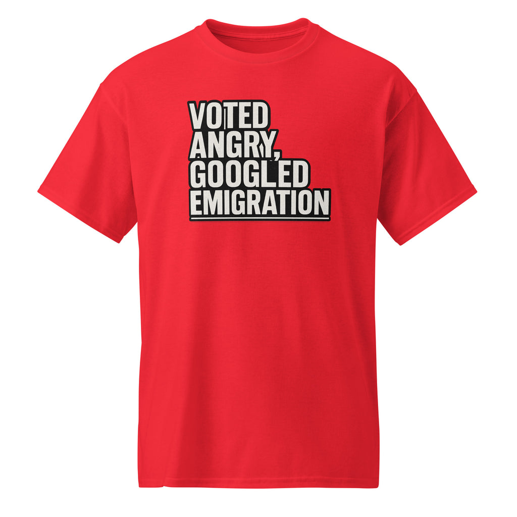 Voted angry, googled emigration - Sarcastic T-Shirt | PureSarcasm in Sports Tee Red - Front View | Sarcastic T-shirt | PureSarcasm