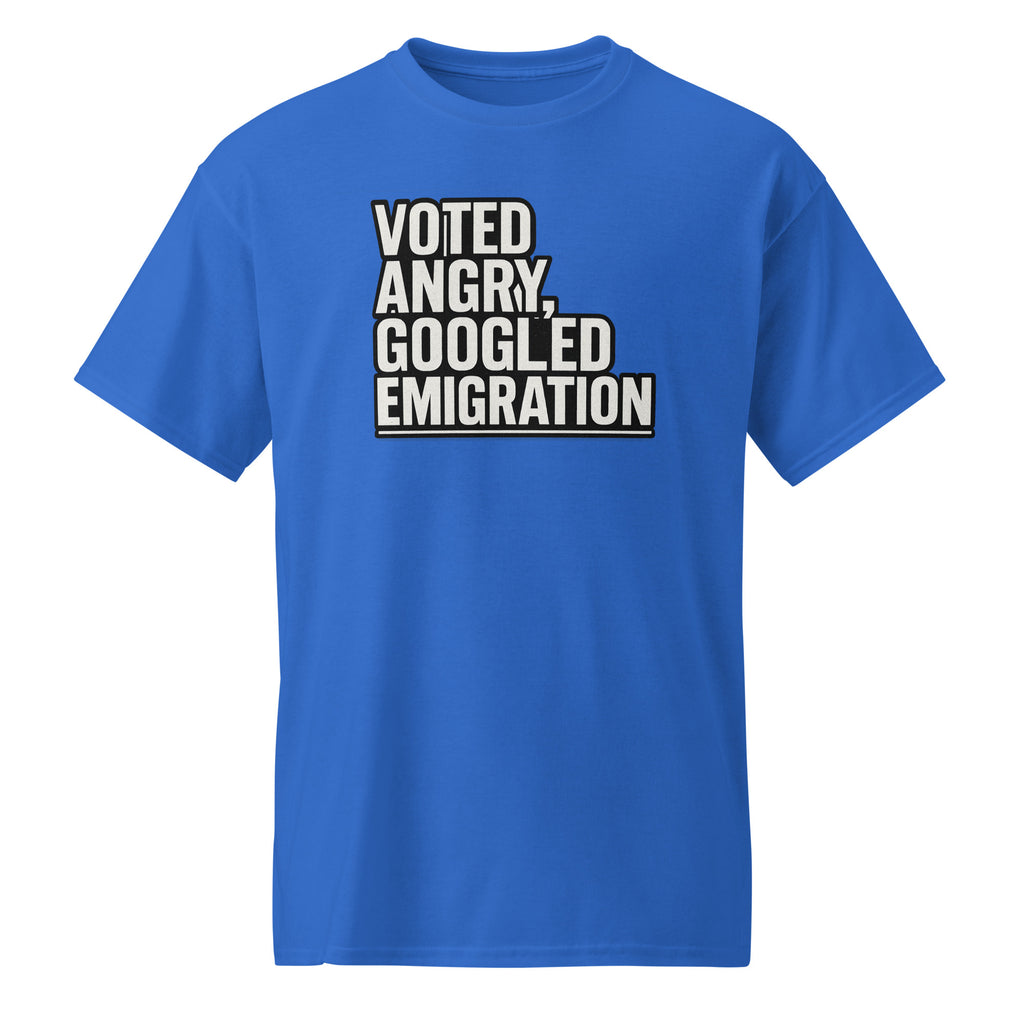 Voted angry, googled emigration - Sarcastic T-Shirt | PureSarcasm in Sports Tee Royal - Front View | Sarcastic T-shirt | PureSarcasm