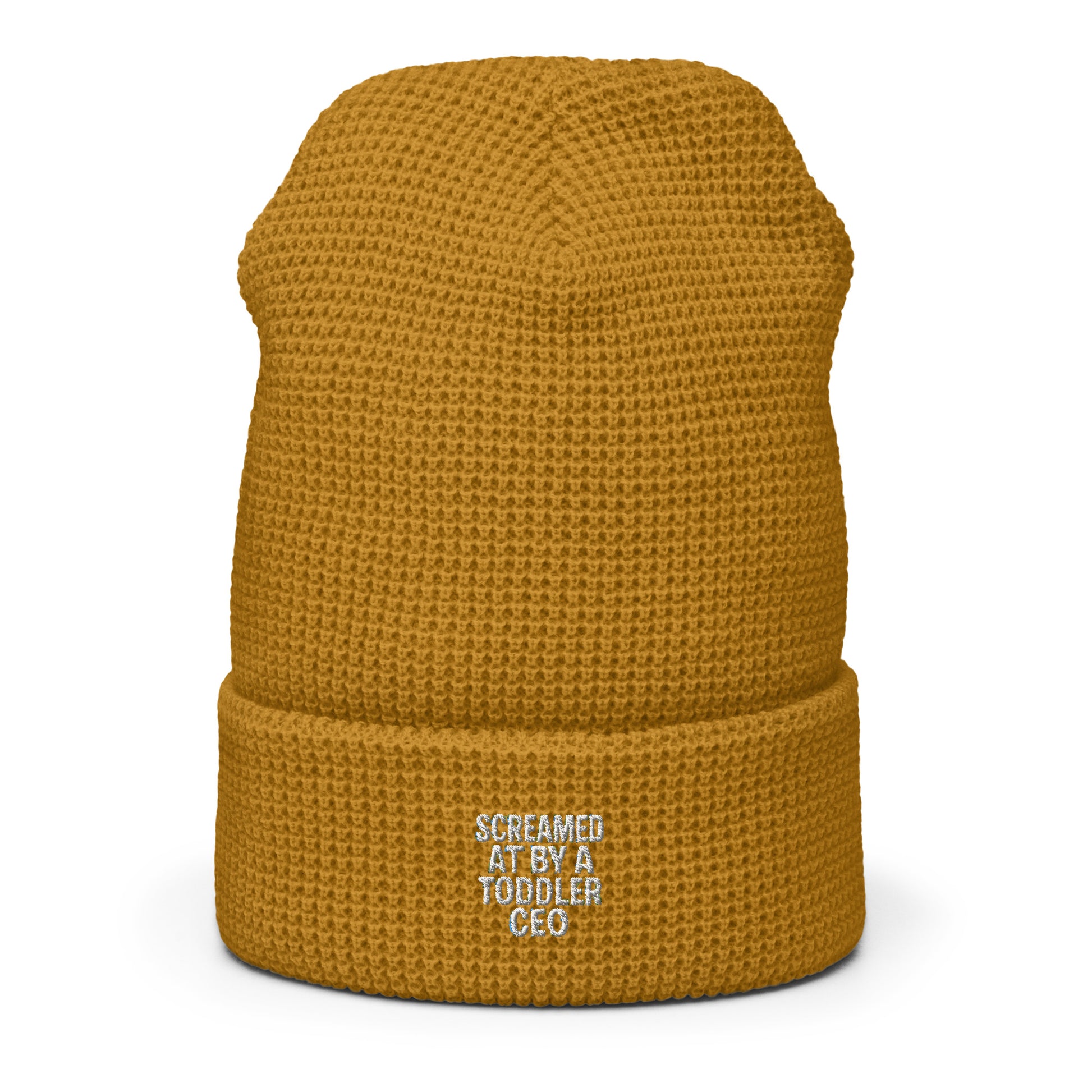 Screamed At by a Toddler CEO - Sarcastic Beanie | PureSarcasm in Beanie Camel - Front View | Sarcastic Hat | PureSarcasm