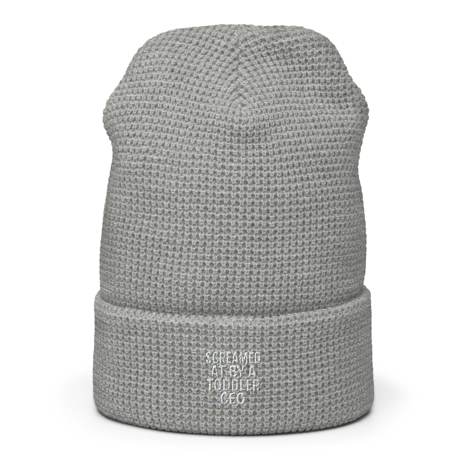 Screamed At by a Toddler CEO - Sarcastic Beanie | PureSarcasm in Beanie Heather Grey - Front View | Sarcastic Hat | PureSarcasm
