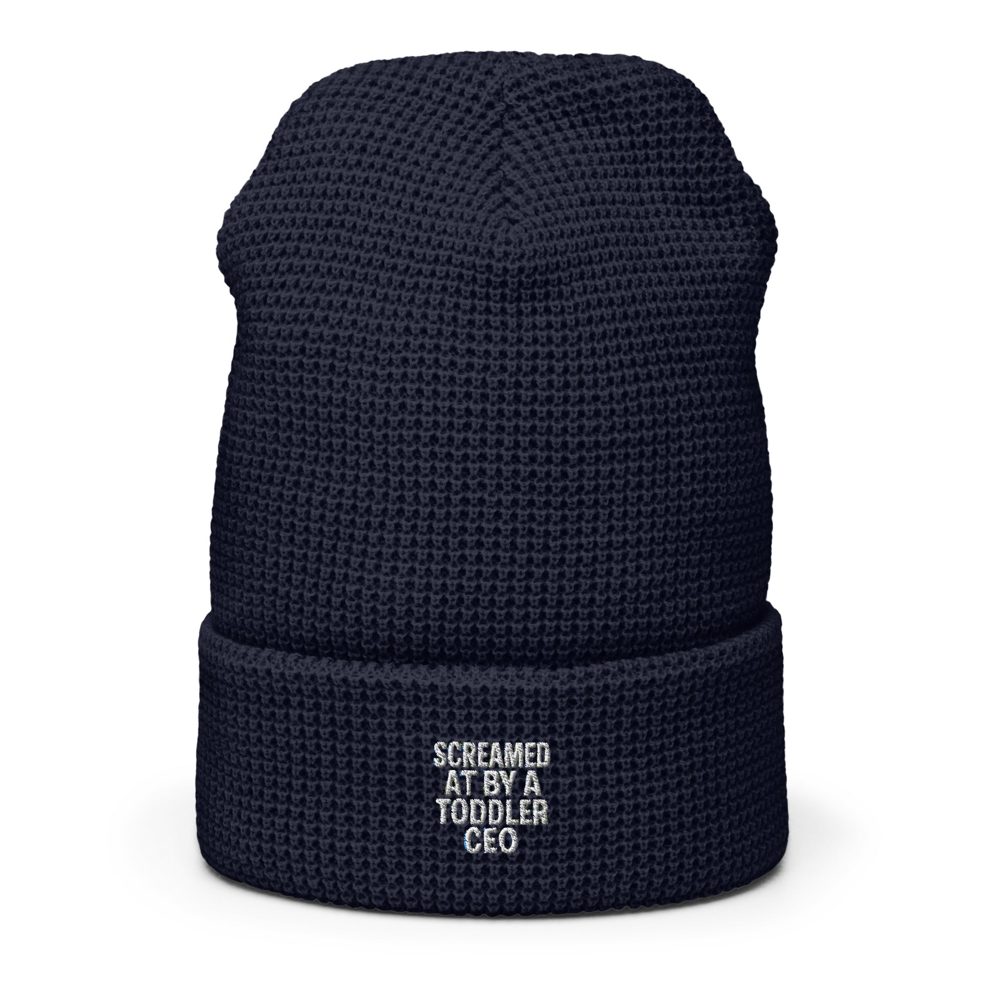 Screamed At by a Toddler CEO - Sarcastic Beanie | PureSarcasm in Beanie Navy - Front View | Sarcastic Hat | PureSarcasm