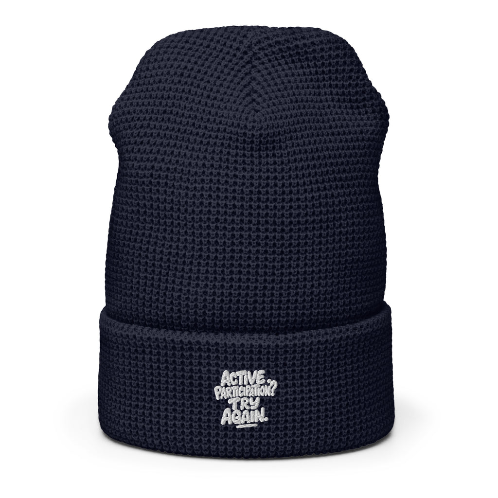 Active Participation? Try Again. sarcastic beanie - navy, front view
