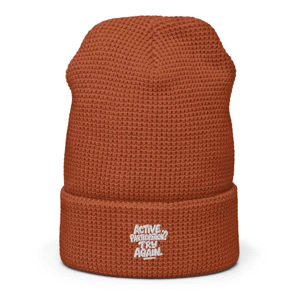Active Participation? Try Again. sarcastic beanie - rust, front view