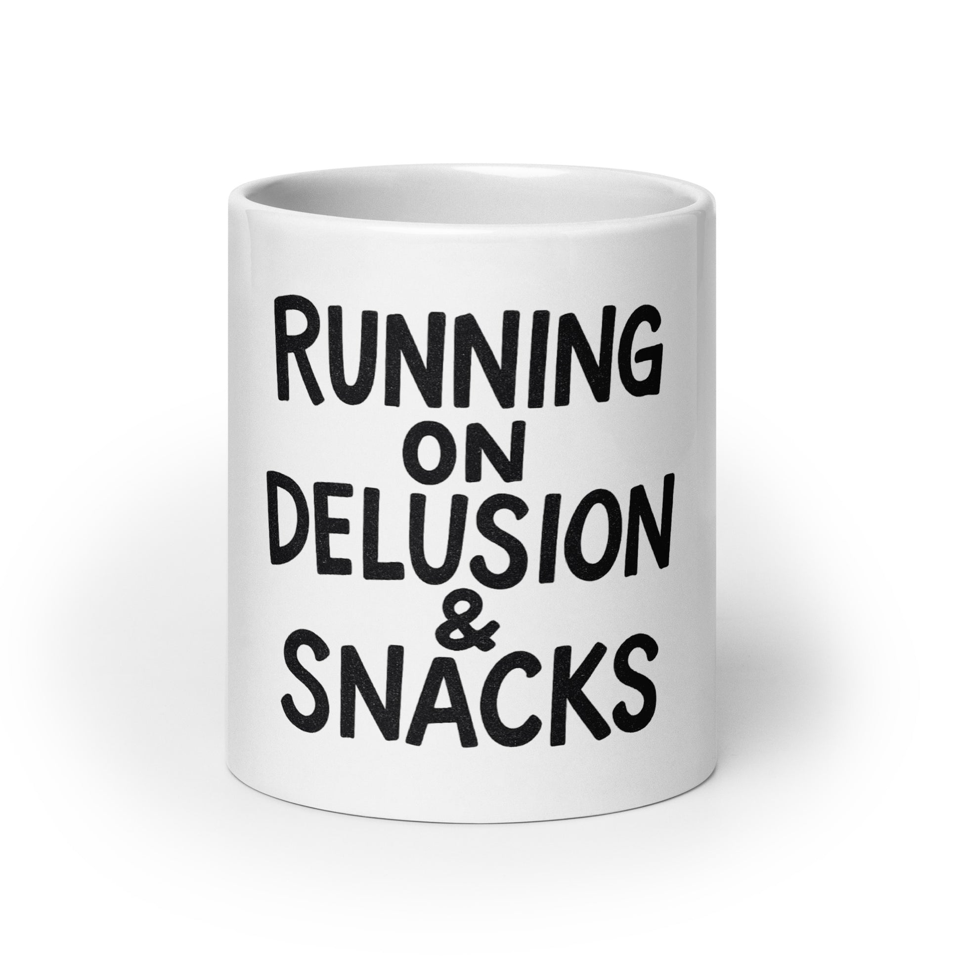 Running on Delusion & Snacks - Sarcastic Mug in Oz - Front View | Sarcastic Mug | PureSarcasm