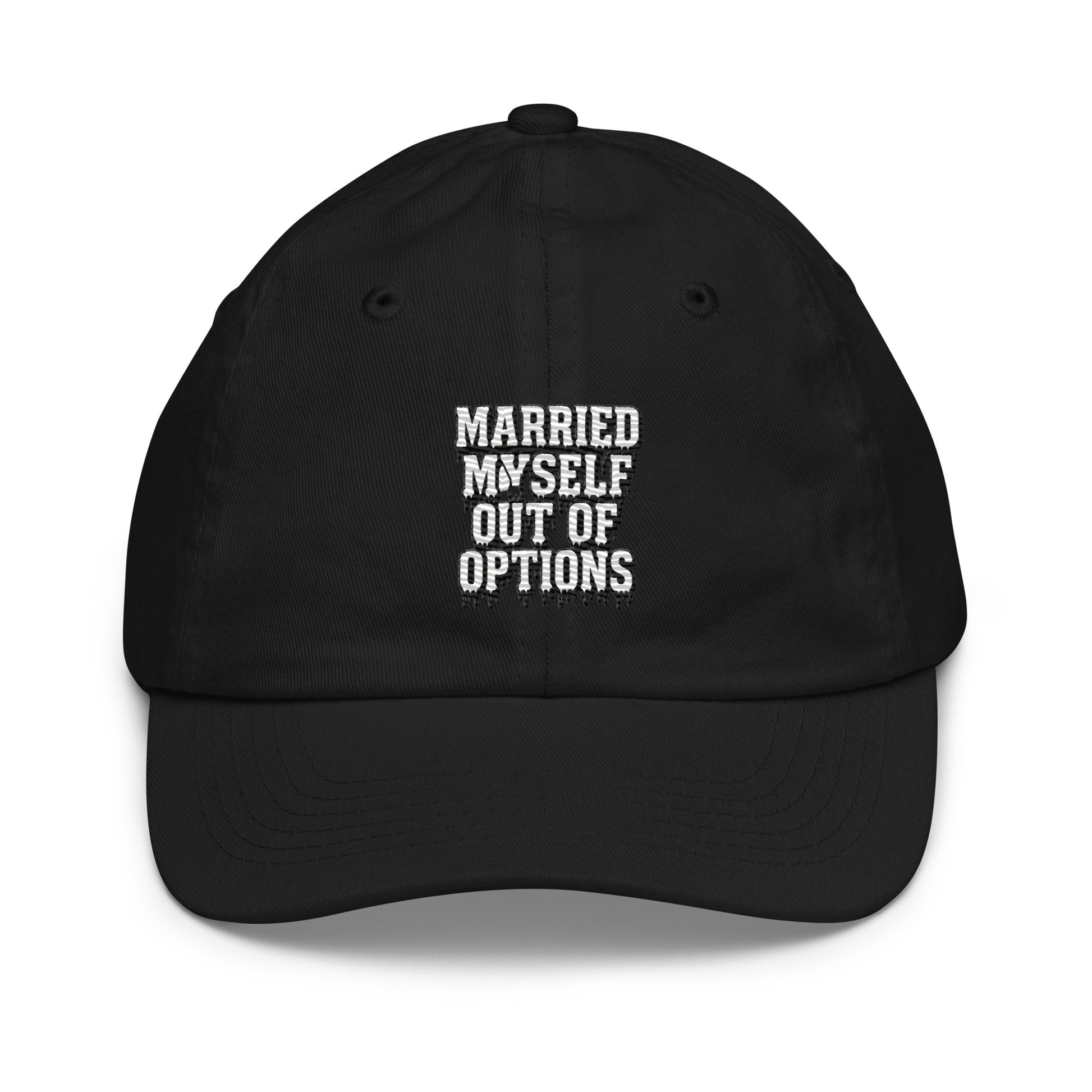 Married Myself Out of Options - Sarcastic Hat | PureSarcasm in Baseball Cap Black - Front View | Sarcastic Hat | PureSarcasm