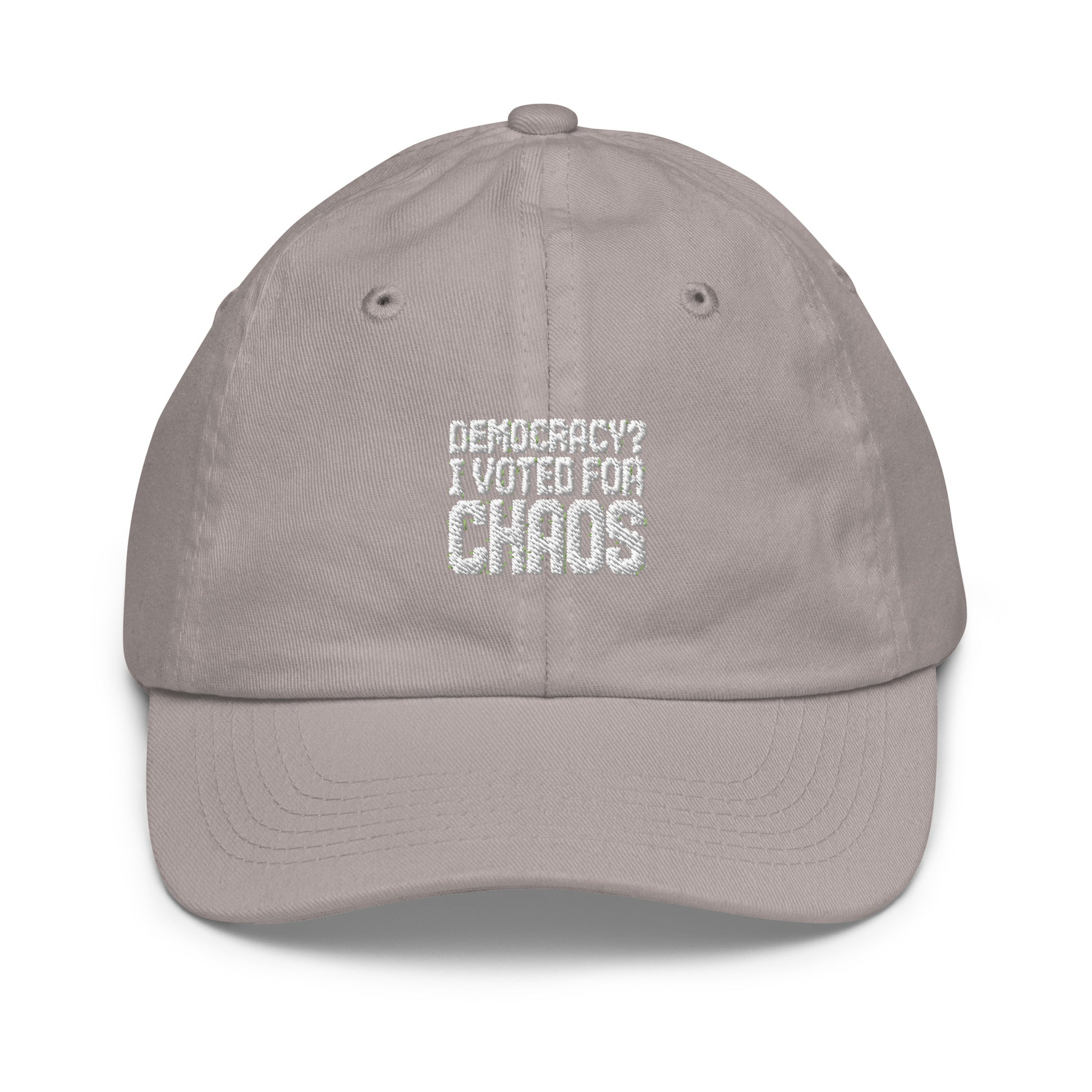 Democracy? I Voted for Chaos - Sarcastic Hat | PureSarcasm in Baseball Cap Grey - Front View | Sarcastic Hat | PureSarcasm