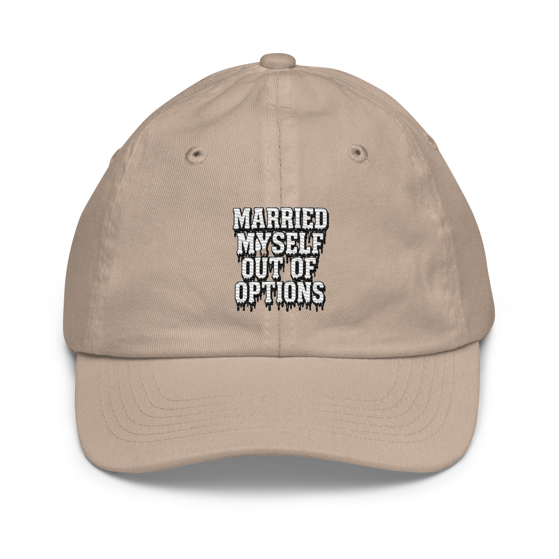 Married Myself Out of Options - Sarcastic Hat | PureSarcasm in Baseball Cap Khaki - Front View | Sarcastic Hat | PureSarcasm