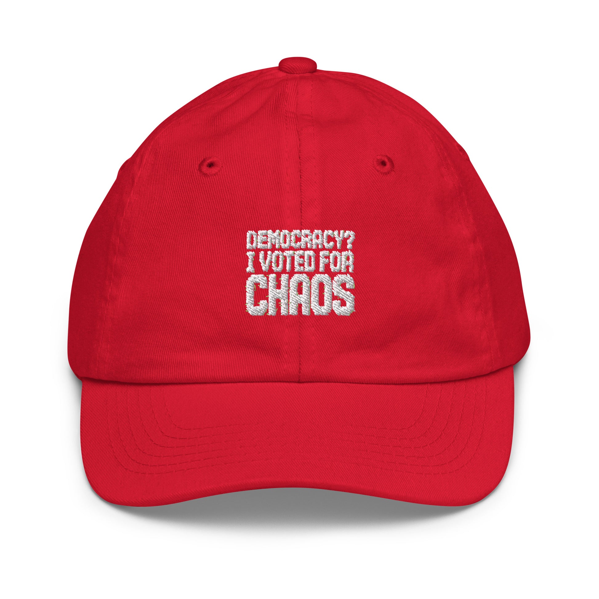 Democracy? I Voted for Chaos - Sarcastic Hat | PureSarcasm in Baseball Cap Red - Front View | Sarcastic Hat | PureSarcasm