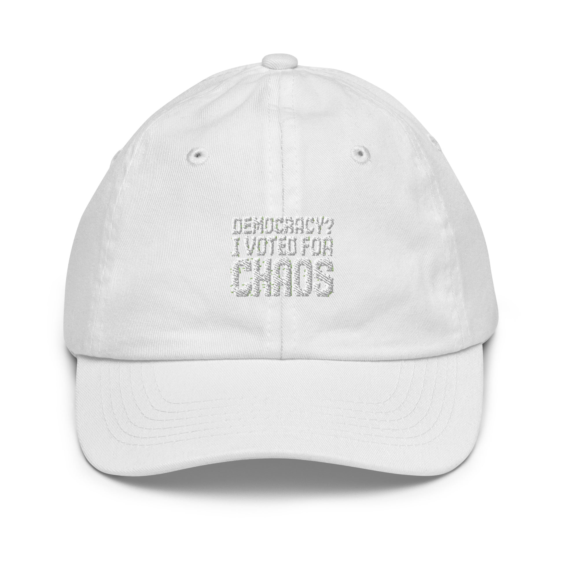 Democracy? I Voted for Chaos - Sarcastic Hat | PureSarcasm in Baseball Cap White - Front View | Sarcastic Hat | PureSarcasm